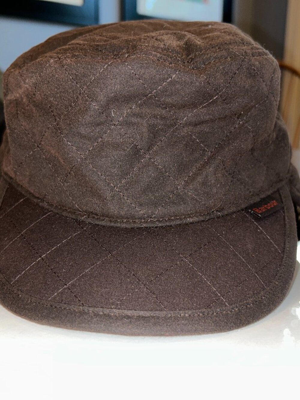 Barbour Brown Quilted Waxed Cotton Trapper Hat, Sz Small